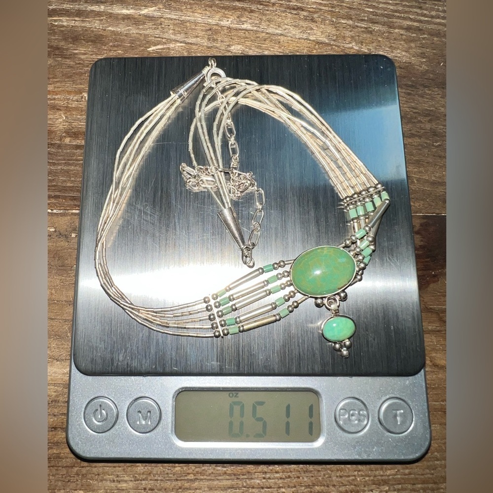 Sterling Liquid Silver Heshi Green Turquoise 5 Strand Necklace in box - Picture 11 of 11